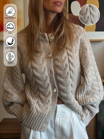 Cardigan tricotat, solid, casual, cu nervuri, nasturi în față, guler rotund, mâneci raglan, pentru haine de toamnă și iarnă, casual, stil Old Money, bohochic, newAutumnchic