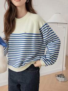 Alicedudu 女式法式条纹休闲圆领毛衣，秋冬 - 藍白色 - 查看 1