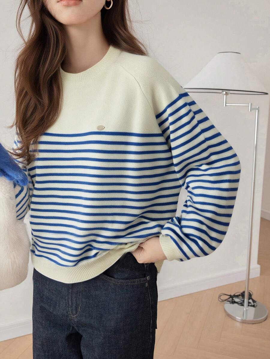 Alicedudu 女式法式条纹休闲圆领毛衣，秋冬 - 藍白色 - 查看 1