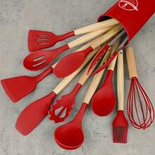 12 Piece /Set Of High-End Non Stick Silicone Kitchen Utensils With Ergonomic Wooden Handle - Heat-Resistant And Easy To Clean, Suitable For Cooking And Baking, And Durable - Ideal Choice For School And Home Cooking Enthusiasts