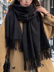 1条女士流苏羊绒围巾，加厚保暖披肩，纯色，70*200厘米柔软披肩，多功能保暖围巾/披肩，二合一，厚实保暖，秋冬季百搭颈部围巾，适合室内外使用，冬季送给女友或母亲的绝佳礼物 - 彩色 - 查看 2