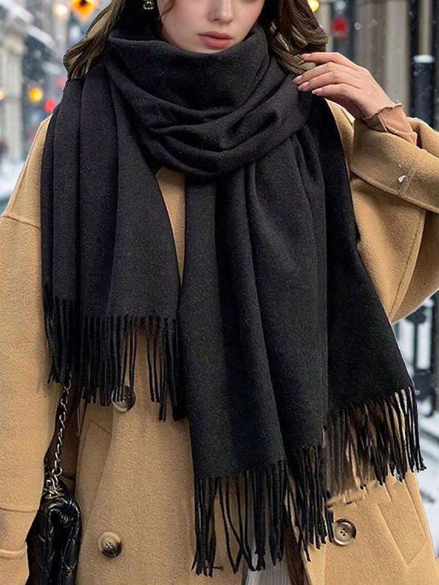 1条女士流苏羊绒围巾，加厚保暖披肩，纯色，70*200厘米柔软披肩，多功能保暖围巾/披肩，二合一，厚实保暖，秋冬季百搭颈部围巾，适合室内外使用，冬季送给女友或母亲的绝佳礼物