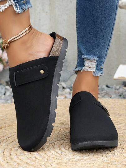 女士平底休闲一脚蹬乐福鞋，防滑耐磨透气圆头穆勒鞋，适合春秋季室内/室外穿着，学生/上班族日常通勤