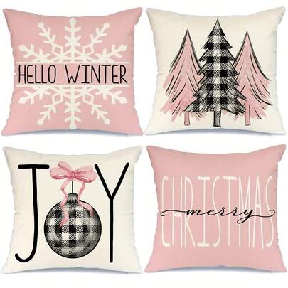 4pcs Christmas Pillow Covers, Pink Christmas Tree, Snowflake & Slogan Pattern, Minimalist Peach Velvet Single-Sided Printed Cushion Covers With Zipper Closure, No Pillow Insert Included, Suitable For Christmas & Winter Holiday Decor In Sofa, Bedroom, Living Room, Cabin