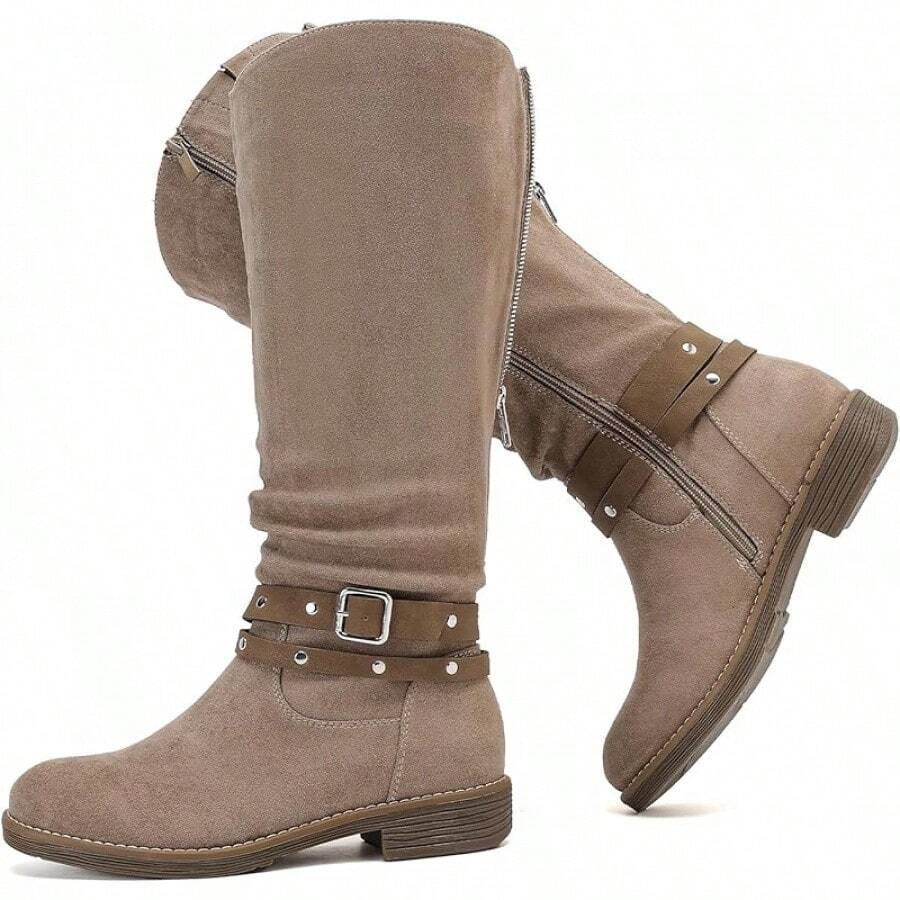 Women's Wide Calf Knee High Boots, Plus Size Slouchy Knee-High Boots, Fashionable Boots - 米色1030 - 查看 1