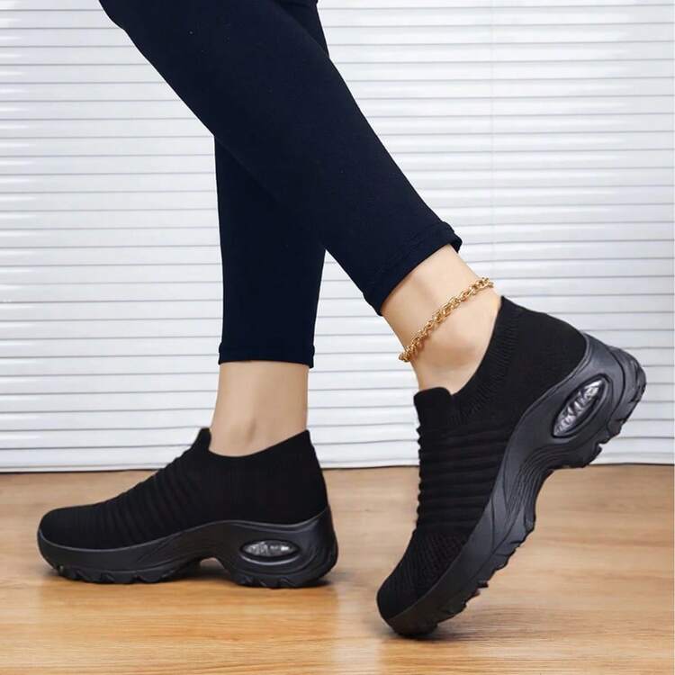 Women's Air Cushion Comfortable Shock Absorption Knitted Tying Slouchy Dance Shoes, Sports & Casual, For Walking Slip-On Shoes For Women - Black - View 10