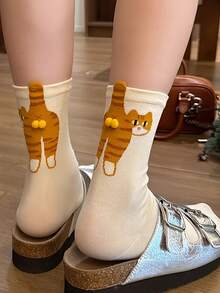 1/2 Pairs Comfortable Autumn/Winter Unisex Mid-Calf Socks, Novelty 3D Cat Egg Cute Funny Socks For Sports, Casual Wear, Basic Style - Multicolor - View 2