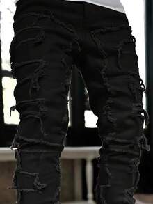 Stacked Jeans Mens Ripped Jeans Distressed Patchwork Straight Leg Y2k Skinny Denim Pants Hip Hop Slim Fit Trousers - màu đen - Xem 4