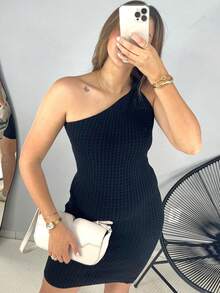 Vestido Curto Feminino Mula Manga Uma Alça Tricot Modal Nózinho Fenda Lateral Verão Tubinho Moda Evangélica Aerolook - Preto - Visão 1