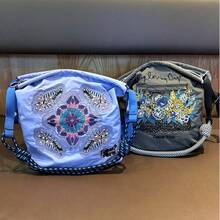 1 Stück lila Nylon Ingwer Blume bestickte Reißverschluss Lässig vielseitige Mini Eimer Tasche, geeignet für tägliches Einkaufen und Reisen, Damen Schulter- & Umhängetasche