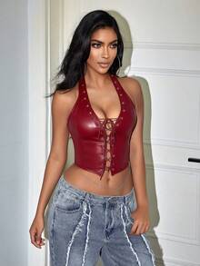 Yuwenier Y2K Punk Style Backless Lace-Up Tight Crop Top, Backless PU Leather Top, Concert - Burgundy - View 5