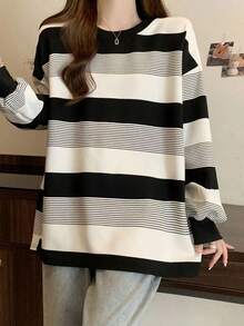 Otoño e Invierno Sudadera Suelta Mujer Simple Peplum Rayas Cuello Redondo Pullover - Negro - Ver 3