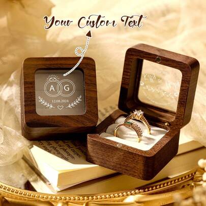 Caja de anillo de compromiso de madera personalizada - Caja personalizada para portador de dos anillos para boda, propuesta, Día de San Valentín, aniversario, regalo rústico hecho a mano para ella o él