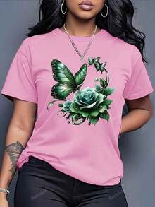 Women'S Casual Crew Neck T-Shirt With Purple Rose And Butterfly Graphic Print,Ideal Birthday Or Holiday Gift, White And Navy The-Shoulder Cropped Top - 粉色 - 查看 1