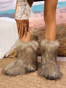 女士秋冬新款现代人造毛皮靴，厚底保暖蓬松毛茸茸卡其色雪地靴，毛茸茸的衬里保暖防滑一推式橡胶平底户外中筒靴 - 卡其色 - 查看 4