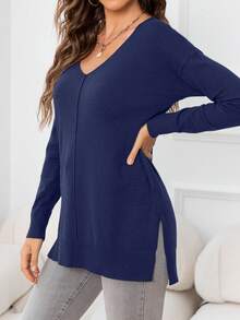 DEARCASE Women's Casual Solid Color V-Neck Drop Shoulder Split Hem Sweater - Navy Blue - View 5