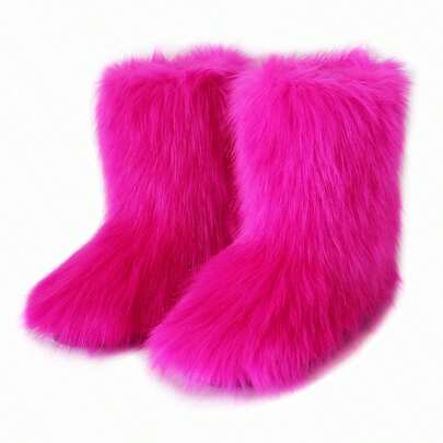 QMFUR Women's Furry Faux Fur Boots Fuzzy Fluffy Mid Calf Snow Boots