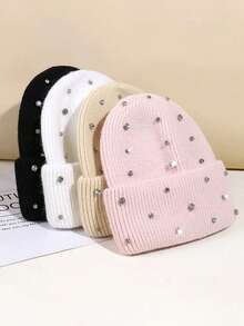 1 件休闲女士针织帽兔毛帽子女士秋冬季双层折叠加厚套头帽女孩 Skullies 无檐便帽 - 兔毛針織保暖帽 - 查看 13