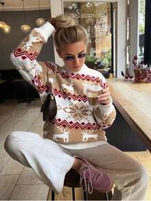 1pc Teen GirlLoose Fit Cozy Knit Sweater With Reindeer & Snowflake Pattern, Suitable For Christmas, Indoor & Outdoor Wear, Autumn/Winter New - Multicolor - View 1