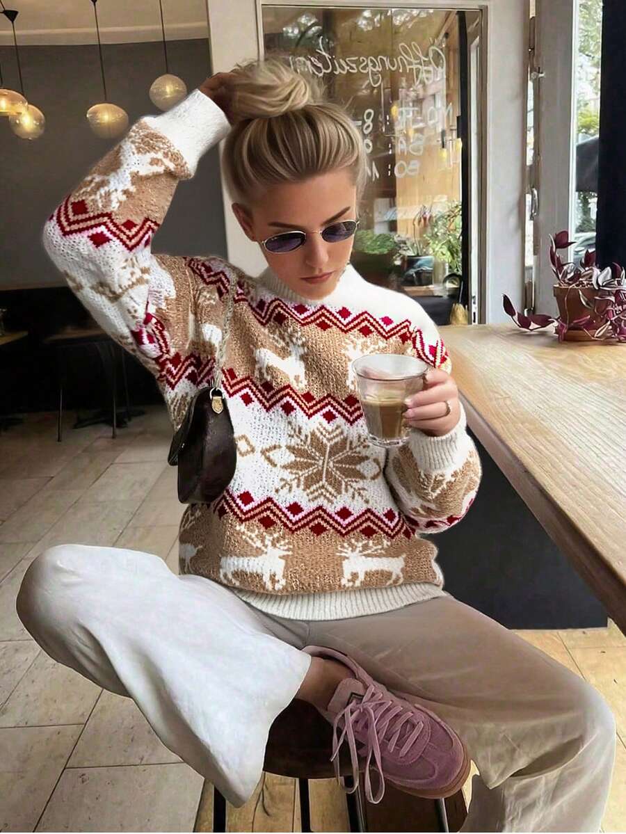 1pc Teen GirlLoose Fit Cozy Knit Sweater With Reindeer & Snowflake Pattern, Suitable For Christmas, Indoor & Outdoor Wear, Autumn/Winter New - Multicolor - View 1