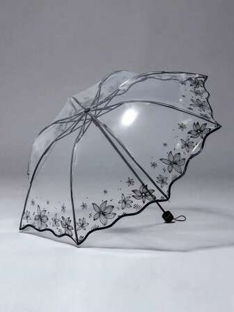 1pc 8-Rib Lotus Leaf Printed Transparent Folding Umbrella