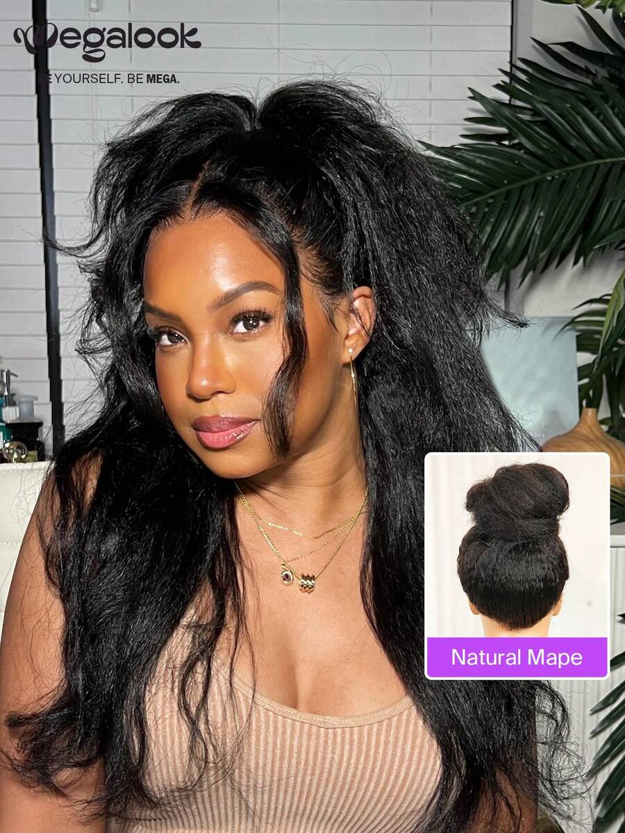 MEGALOOK 一体式 3D 蕾丝半假发，无胶 Yaki 直发，带透气安全圆顶帽，6 英寸深分缝，100% 真人头发，带抽绳，双层 3D 帽，无胶假发，预剪蕾丝，预漂白结，预拔发际线，无需胶水，自然色假发，100% 纯真人头发假发 - SNatural - 查看 1