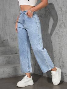 XIANGHE Jeans rectos de pierna ancha casual lavados para mujer - Lavado ligero - Ver 5