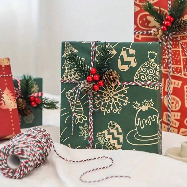 Festive Tricolor Christmas String -Handmade Hemp Rope For Gift Wrapping, DIY Crafts, Holiday Decorations, And Sewing Projects, Holiday Gift Wrapping | Vibrant Holiday Decor | Textured Appearance Cotton Bakers Twine, Red White Green Striped Twine String For Gift Wrapping, Baking, Butchers, Christmas Decorations, Crafts Cotton Twine Packing String For Gardening, Decoration, Cake & Pastry Boxes, DIY Crafts & Gift Wrapping