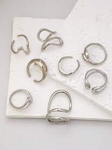 8pcs/Set Fashionable Bohemian Geometric Hollow Asymmetric Abstract Design Adjustable Gold Rings Set, Women Jewelry Accessories - Silver - View 3