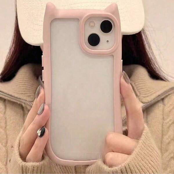 Funda protectora 2 en 1 con forma de gato linda en color negro/rosa + Funda de teléfono con gato lindo en color negro con correa de cuero larga