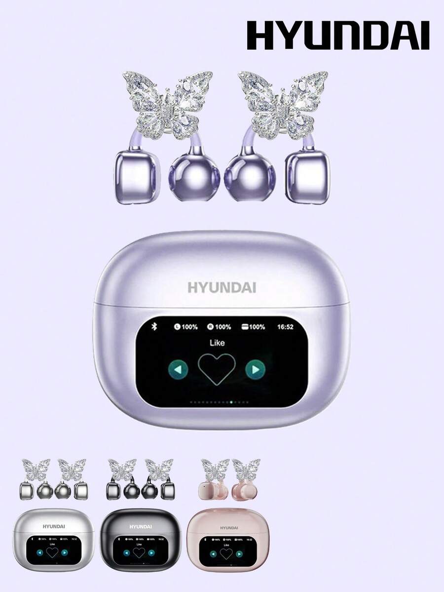 HYUNDAI HY-C02 Fashionable Bluetooth Earphones With Butterfly Earphone Accessory Clip, Touch Control Screen, Multi-Function Smart Noise Cancellation, Long Battery Life, High-Quality Music, Clear Calls, Low Latency, Comfortable Open-Ear Wireless Earphones, No Piercing Earrings, Fashionable Accessory, Gift For Women - Hoa tai bướm đôi nhiều màu + bạc - Xem 1