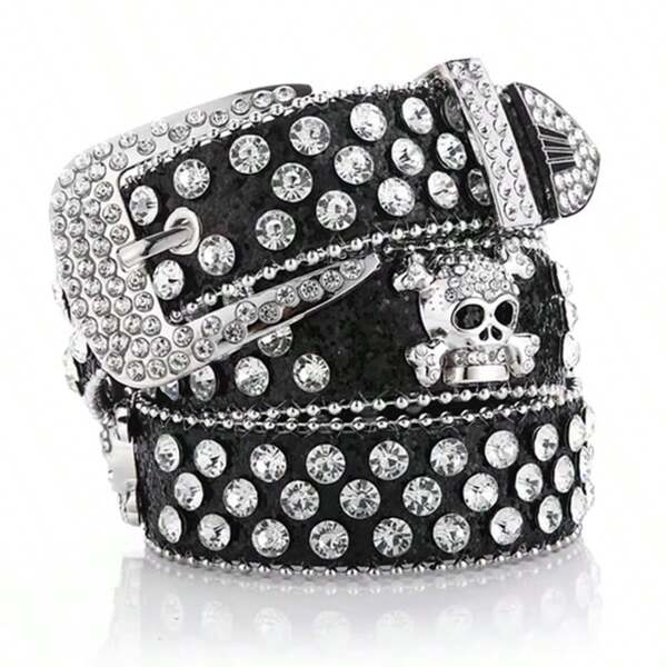 Punk Hip Hop Skull Glitter Waist Belt, Studded & Rhinestone Embellished Leather Belt
