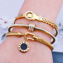 3pcs/1set Diamond Encrusted Double LOVE Link Stainless Steel Women Bracelet, Fashionable Roman Rope Style Wristband, Gift - Roman Set - View 12