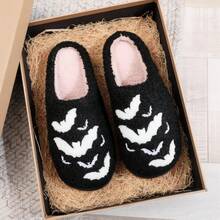 Cozy Plush Halloween Pumpkin Slippers, Non-Slip Fluffy Design - Black Bat - View 11