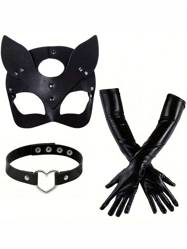 Punk Cat Costume Set With Eye Mask, Heart Choker & Faux Leather Gloves - Ideal For Halloween Parties, Patent Prom (Mask In Image 1 Or 7 Will Be Randomly Shipped)