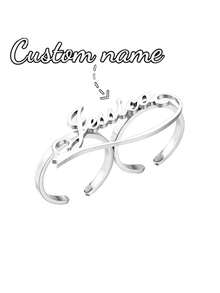 定制姓名戒指，双指戒指，不锈钢皇冠，心形，字母开口可调节情侣戒指，新娘首饰，送给她的周年纪念礼物，送给妈妈的母亲节礼物 - 銀色 - 查看 6