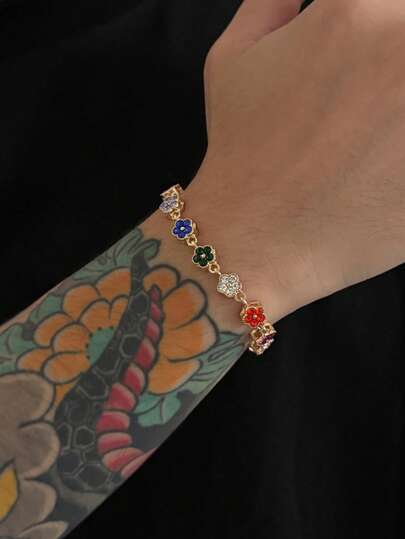 1 pieza Brazalete de hombre de moda con flor de cinco hojas de circonita cúbica colorida, adecuado para uso diario, fiestas, regalos para amigos y familiares, Día de San Valentín, Navidad