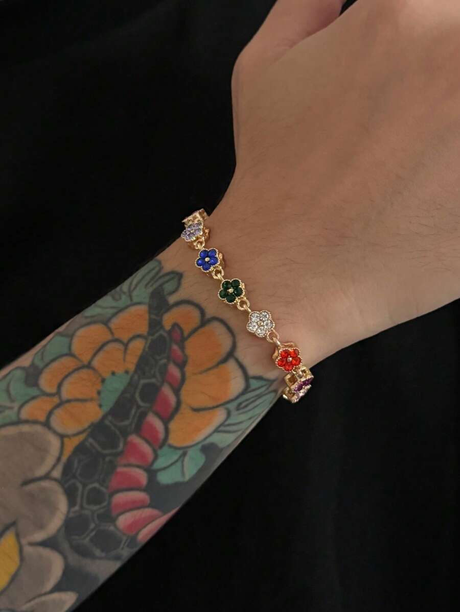 1 chiếc Vòng tay hoa năm lá 3D đính đá Cubic Zirconia nhiều màu thời trang dành cho nam, thích hợp đeo hàng ngày, dự tiệc, làm quà tặng cho bạn bè và gia đình, ngày lễ tình nhân, giáng sinh - Vòng đeo tay - Xem 1