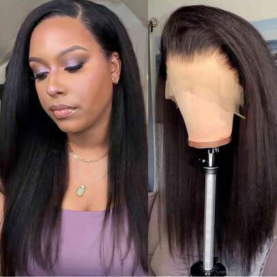 Eulisi 卷曲直发蕾丝前假发 人发 预拔婴儿头发 180 密度 13x4 透明 Yaki 直发 人发假发 女士自然色