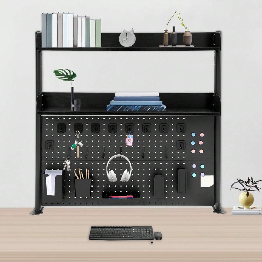 CNCEST Desk Pegboard, Clamp On Desk Organizer Shelf, Desktop Bookshelf Storage Shelves, Privacy Panel For Home Office Dorm Gaming Desk, Carbon Steel, 39.4" X 37.4", Black - 黑色 - 查看 1