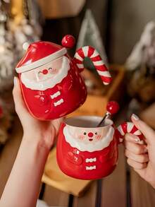 1 件圣诞老人陶瓷杯，高品质家用咖啡杯，创意圣诞杯带手柄和盖子，实用礼品杯，适合女性、朋友、办公室、家庭、机场、客厅，红色 - 彩色 - 查看 8