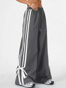 Women's Side Striped Bow Track And Field Street Pants With Drawstring Waist And Wide Leg Pants - 深灰色 - 查看 4