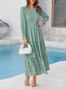 Women Leopard Long Sleeve Maxi Dress Flounces High Waist Smocked Tiered Dress Fall Spring Wedding Guest Vacation Holiday Boho Valentine Dresses Outfits - 綠色 - 查看 5