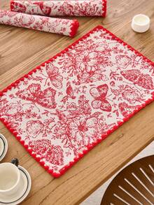 1/4/6pcs Vintage American Country Style Red Butterfly & Floral Jacquard Rectangular Placemats, Perfect For Daily Use, Holidays, Christmas, Parties, Family Gatherings, Weddings, Dinners, Home Decor, All Seasons - Red - View 2
