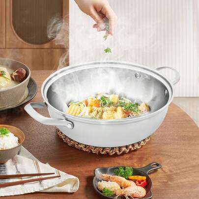 RibasuBB Stainless Steel Wok With Lid & Steamer Rack, 10.2" Nonstick Composite Steel Stir Fry Pan For Gas, Induction & Electric Stoves – Silver