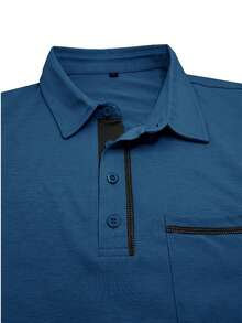 Contrast Color Stripe Decor Pocket Long Sleeve Henley T-Shirt For Men, Spring/Autumn - Blue - View 6