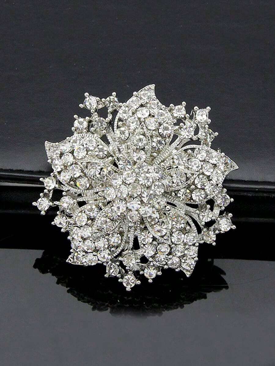 1pc European And American Style Luxury Flower & Rhinestone Decoration Brooch Valentines - Bạc - Xem 1