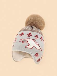 1 peça chapéu de bebê de malha com estampa de dinossauro e pompom, adorável e moderno, macio e confortável, quente para bebês de 1 a 2 anos no outono/inverno