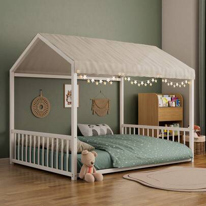 MERAX Full Size Montessori Style Metal Floor Bed Frame, House Shaped Bed With Vertical Safety Guardrails For Kids , Easy Assemble, No Slats, White