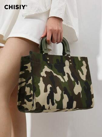 CHISIY Handmade Vintage Wrist Small Niche Design Camouflage Print Large Capacity Women's Top Handle Zipper Handbag Shoulder Crossbody Bag, Suitable For Outdoor, Fitness, Travel, Overnight, Backpack, Youth, Street, Camouflage, Fashion, Personalized, Cool, Y2K